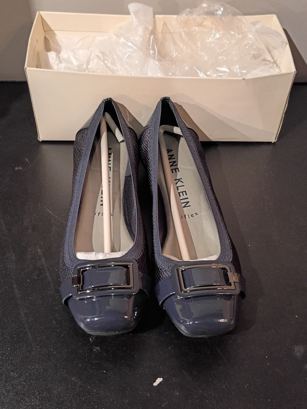 Anne Klein Gray Patent Toe Ballet Flats with Buckle
